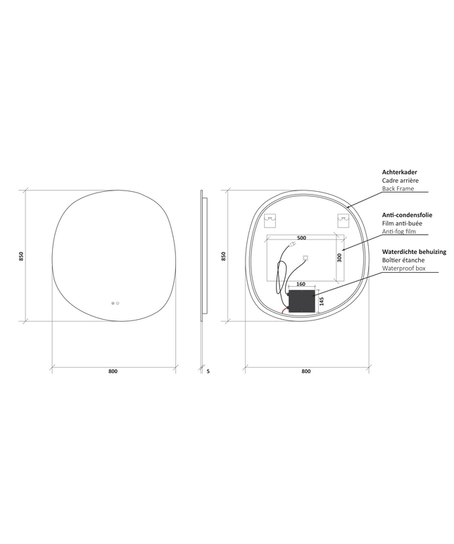 Maattekening ALONI Pebble spiegel met LED verlichting – organische vorm – anti-condens – dimbaar – 3000-6000K – 80x85 cm