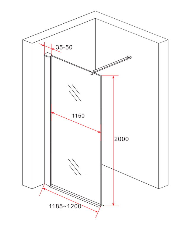 Maattekening ALONI inloopdouchewand – 120x200 cm – 8 mm veiligheidsglas