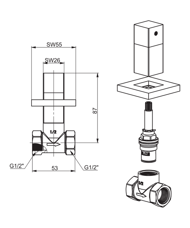 Maattekening ALONI Quadro inbouw hoekstopkraan 1/2 x 1/2 – chroom