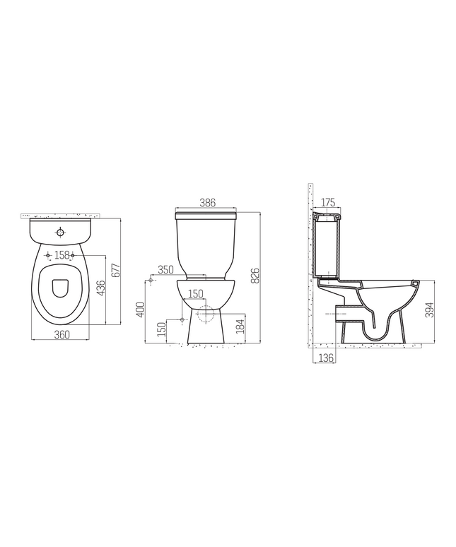 Maattekening Creavit Sedef staand toilet / vloertoilet met sproeier (bidet) – P-trap muuruitgang – wit