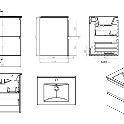 Maattekening ALONI Sally XL Wastafelonderkast - 2 Softclose lades - 560x600mm - Glanzend wit