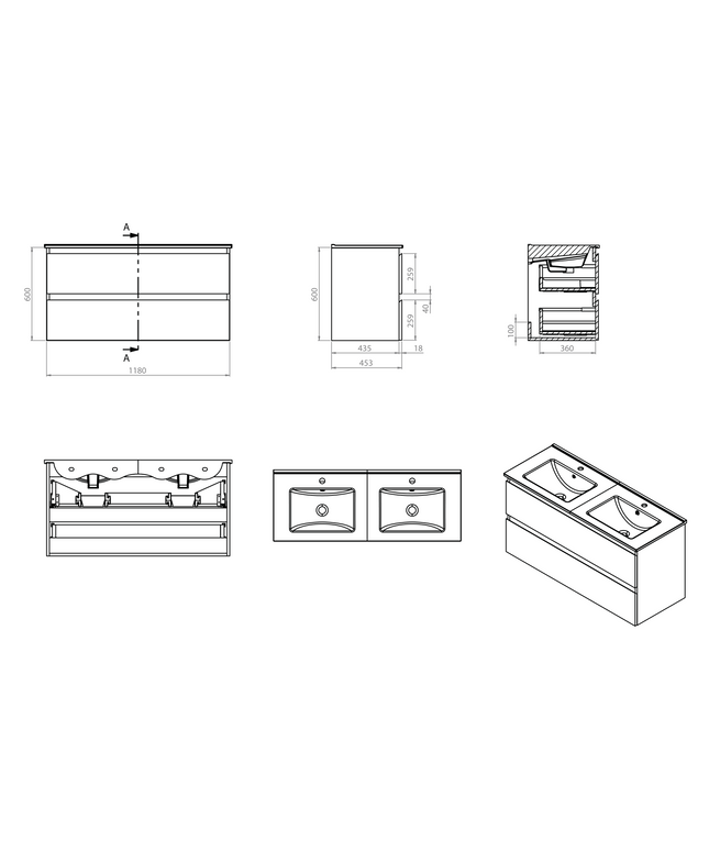 Maattekening ALONI Sally XL Wastafelonderkast - 2 softclose lades greeploos - 1180x600mm - Mat zwart