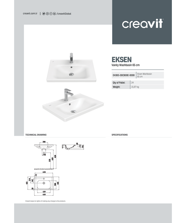 Maattekening CREAVIT Eksen Wastafel – 65 cm – Wit