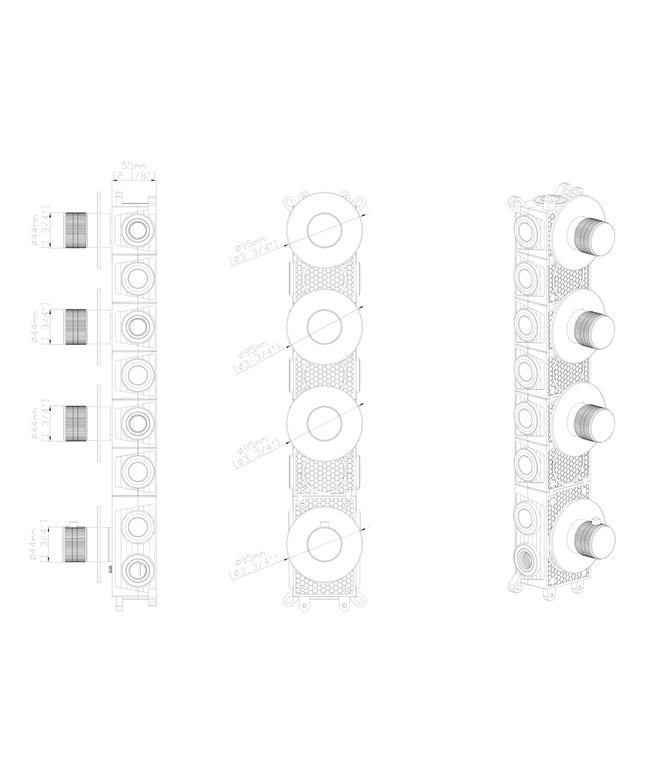 Maattekening ALONI Stria afbouwdeel douchemengkraan – 3-weg – thermostatisch – geborsteld RVS