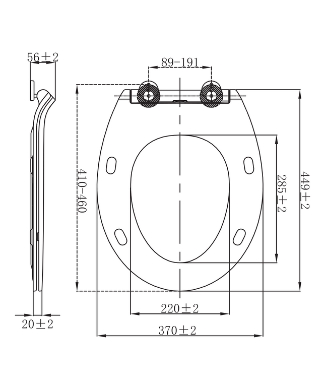 Maattekening Aloni Premium wc-zitting – slim design – softclose – quick release – topfix – duroplast – RVS scharnieren – glanzend wit