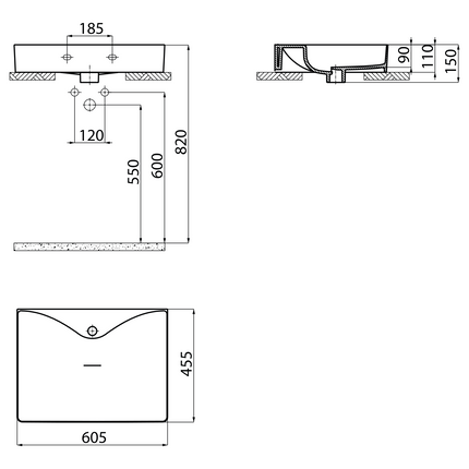 Maattekening Creavit Ruby RB064 Wastafel – Opbouw – Keramiek – 60,5x11x45,5 cm – Glanzend Wit