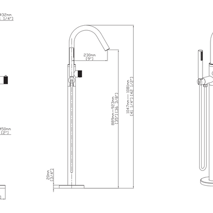 Plan coté ALONI Stria mitigeur bain-douche – îlot – thermostatique – noir mat