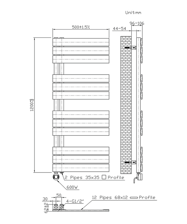 Maattekening BELRAD Badkamer radiator elektrisch 1200x500mm - wit - Linksaansluiting/Combi - 593W