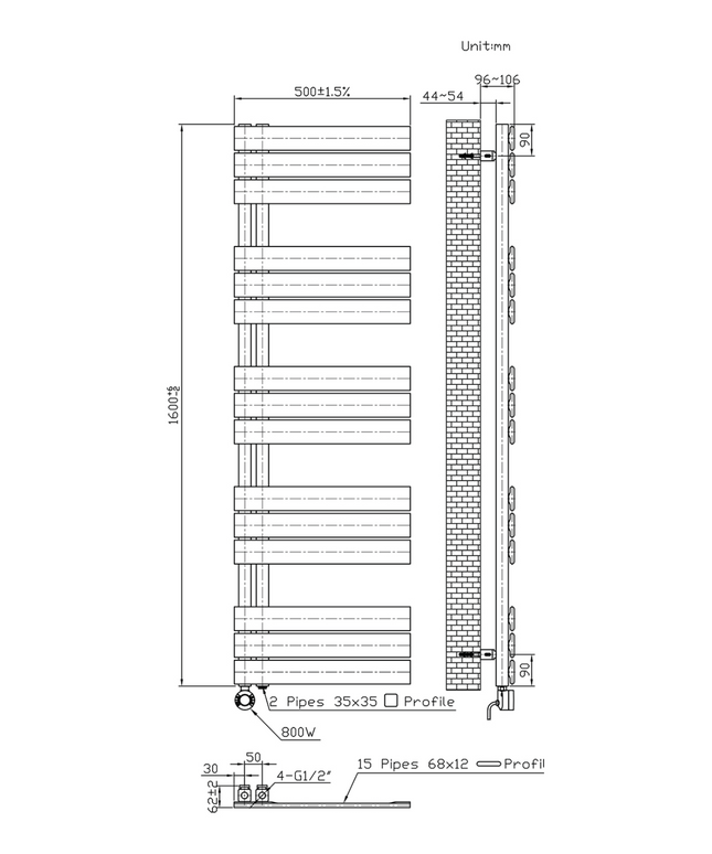 Maattekening BELRAD Badkamer radiator elektrisch 1600x500mm - Wit - Linksaansluiting/Combi - 755W