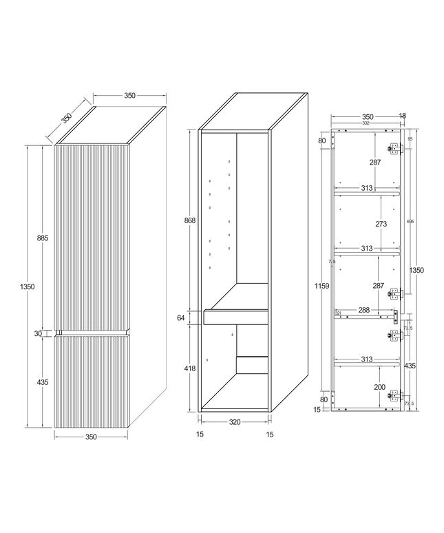 Maattekening ALONI ELA hoge badkamerkast – 35x135x35 cm – Wengé – Greeploos & softclose – Omkeerbaar
