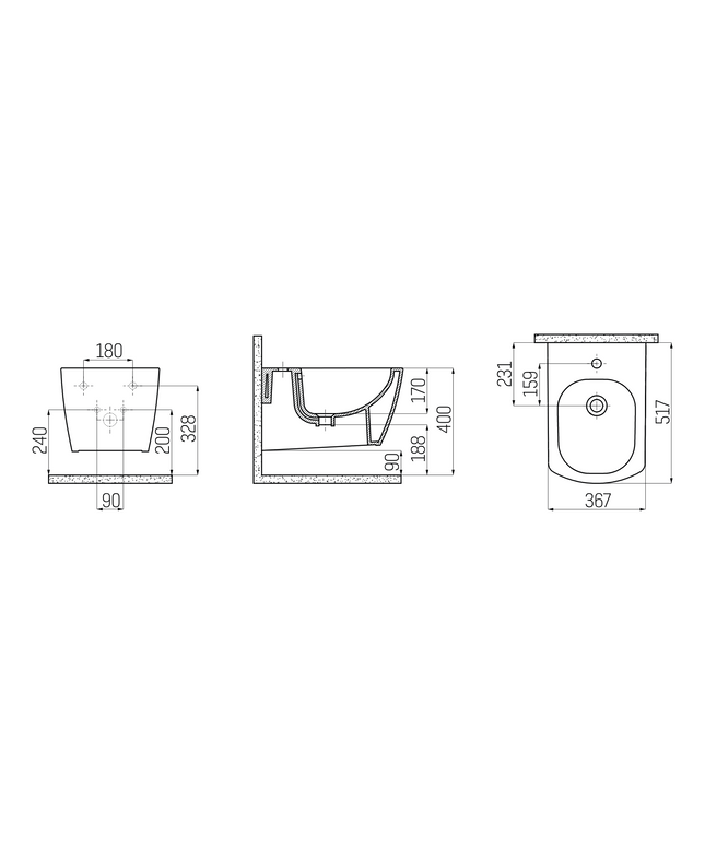 Maattekening Creavit wandbidet – wit – verborgen bevestiging