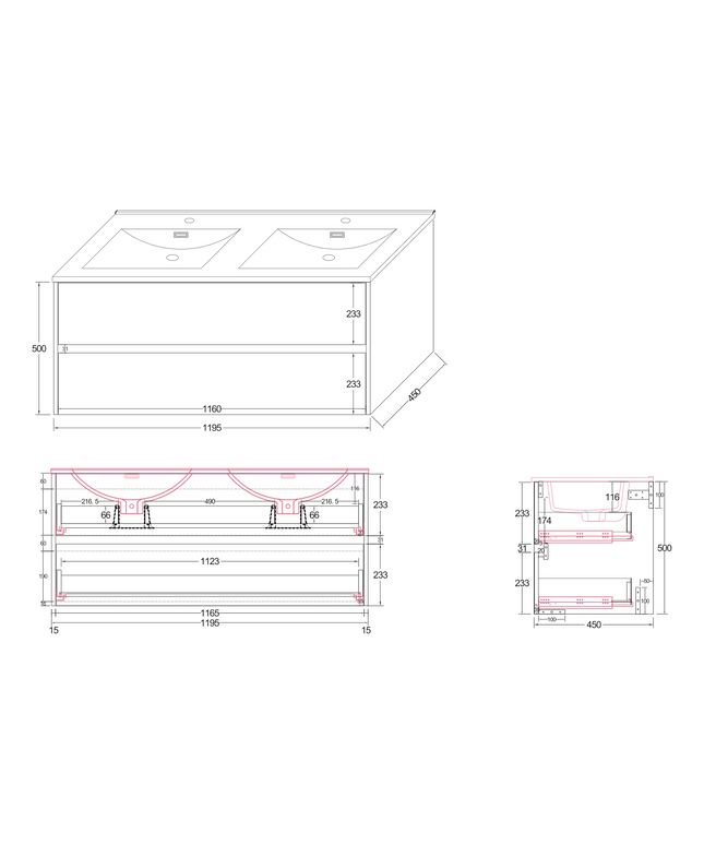 Maattekening ALONI HAYAT wastafelonderkast – 119,5x50x45 cm – Eik – Greeploos & softclose