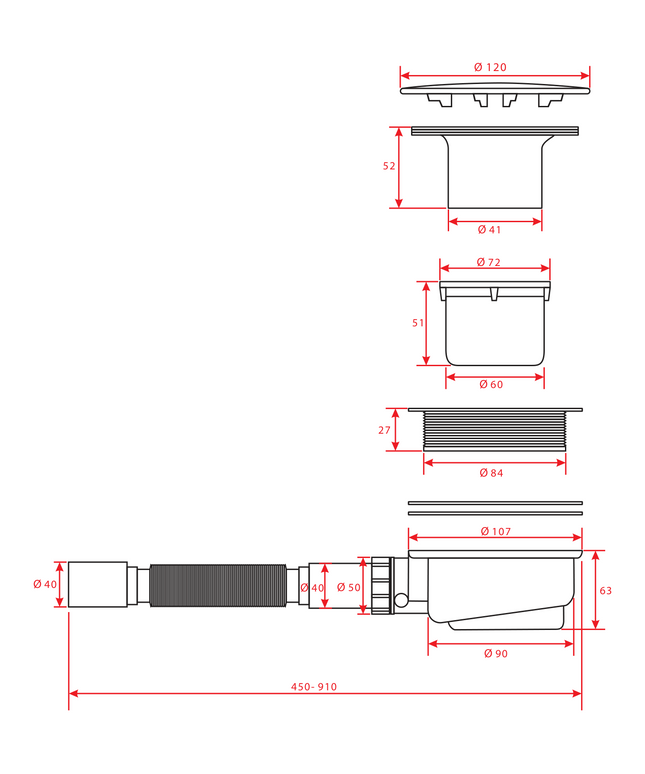 Maattekening ALONI douchesifon 90 mm – Ø50 mm – Chroom