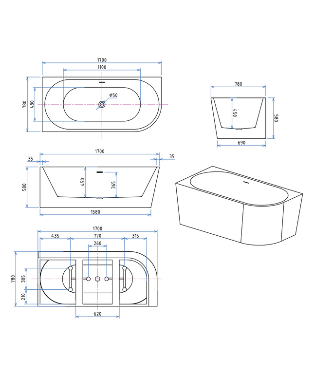 Maattekening ALONI Hoekbad Links – Glanzend Wit – 170x78x58 cm – Inclusief Afvoerset en Click Waste