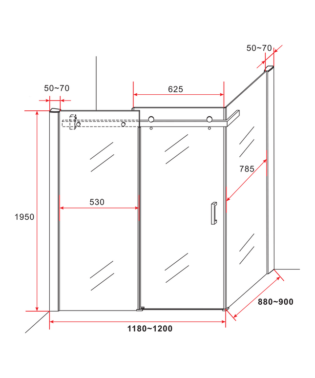 Maattekening ALONI Douchecabine met Schuifdeur en Zijwand – 90x120x195 cm – 8 mm Veiligheidsglas – Mat Zwart – Helder Glas – Omkeerbaar