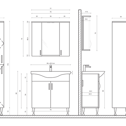 Maattekening ALONI ALECO spiegelkast – 80 cm – Met verlichting