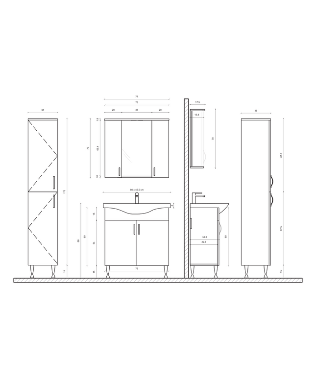 Maattekening ALONI ALECO spiegelkast – 80 cm – Met verlichting
