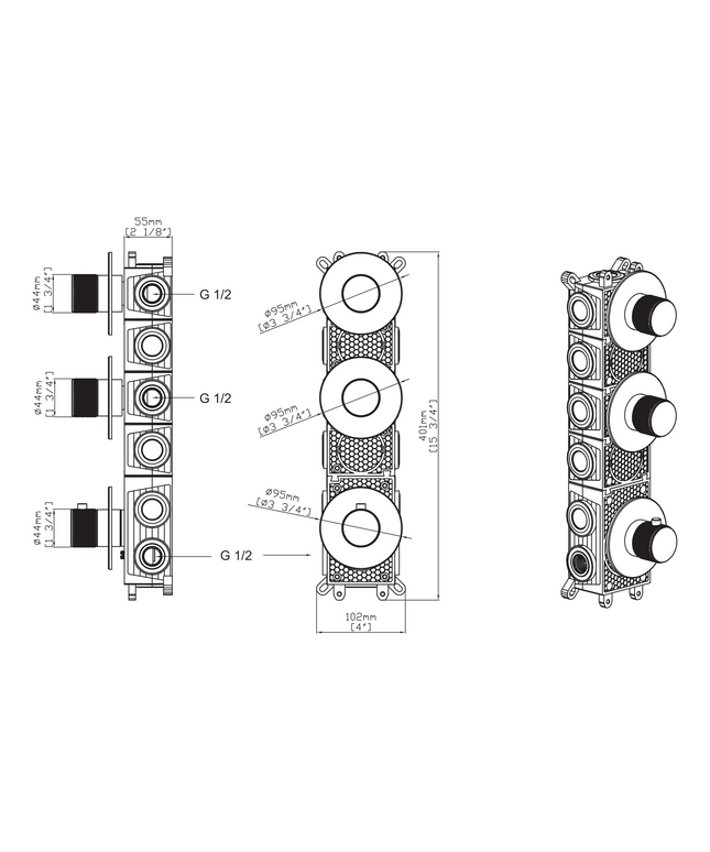 Maattekening ALONI Stria inbouwbox voor douchemengkraan – 2-weg – thermostatisch – inbouw