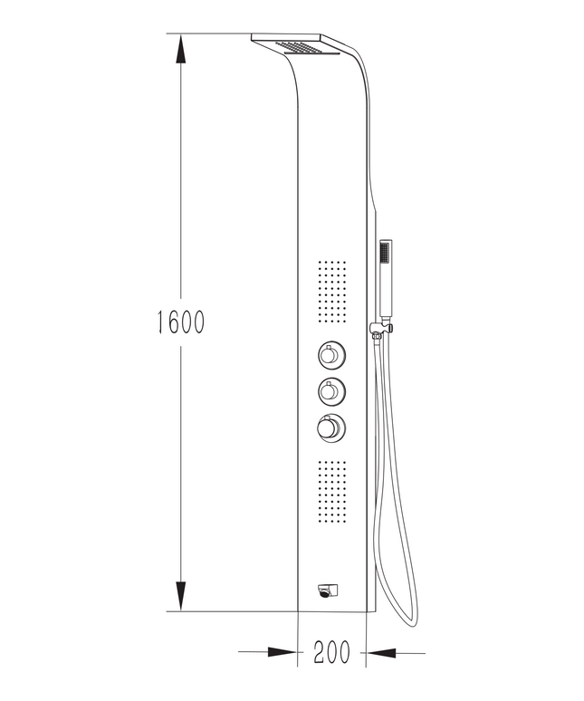 Maattekening ALONI douchepaneel – wit – thermostatisch met hand- en hoofddouche