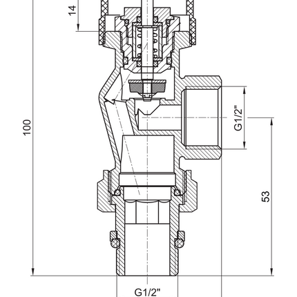 Plan côté BELRAD robinet de radiateur coudé inversé 1/2" MV - Nickel