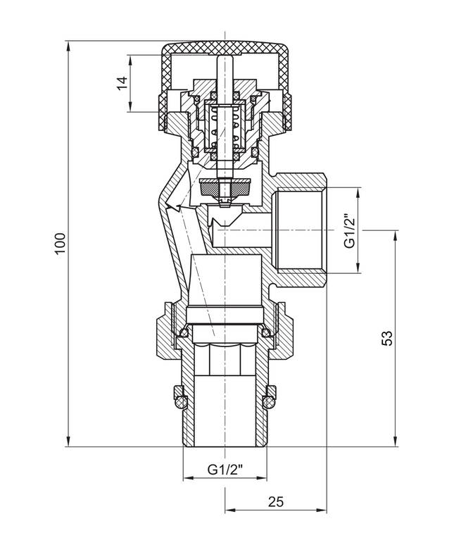 Maattekening BELRAD haaks omgekeerde radiatorkraan 1/2" MV - Nikkel