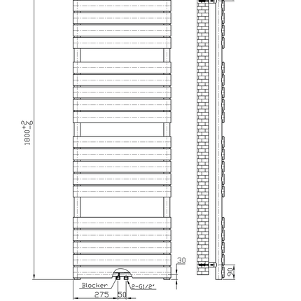Maattekening BELRAD Badkamer Radiator 1800x600mm Wit – Middenaansluiting – 1081W