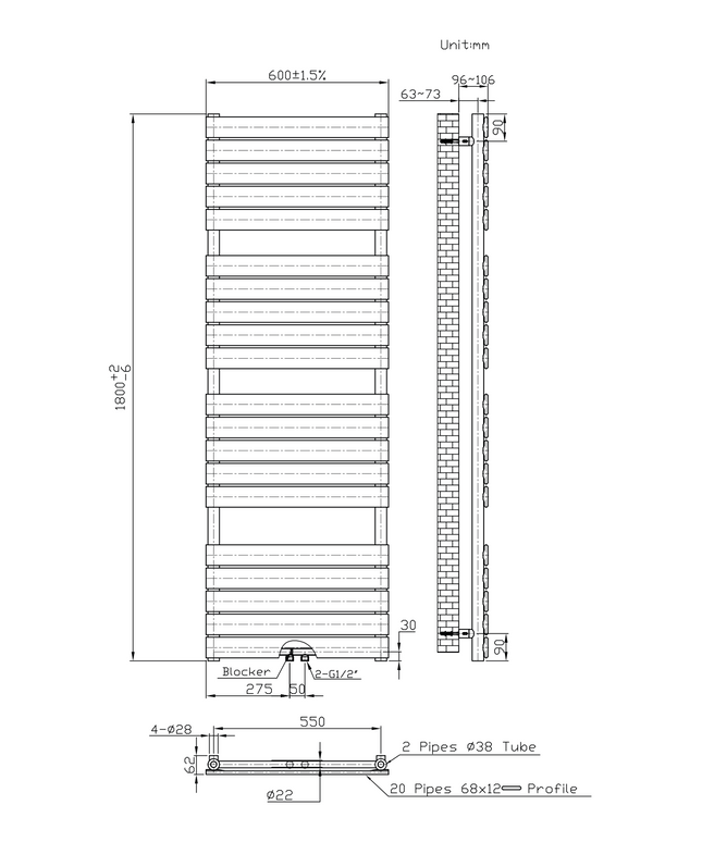Maattekening BELRAD Badkamer Radiator 1800x600mm Wit – Middenaansluiting – 1081W