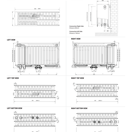 Maattekening STELRAD BEL8 T33 paneelradiator 600x1400mm - Wit - Middenaansluiting - 3345W