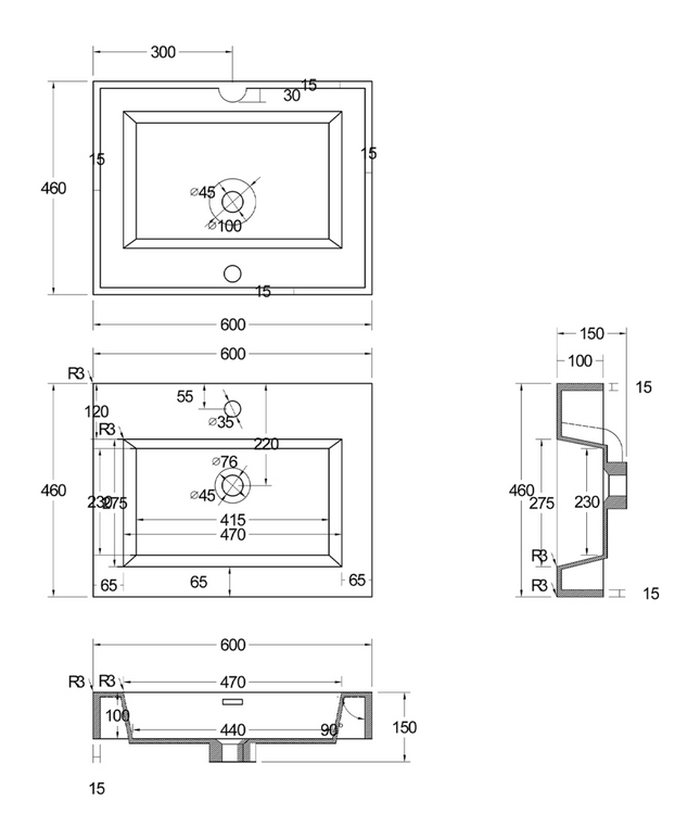 Plan côté ALONI lavabo – 60x10x46 cm – Marbre artificiel – Blanc mat