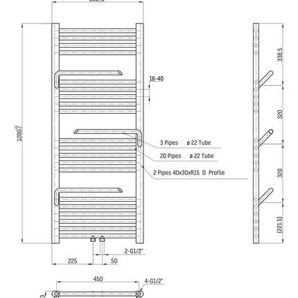 Maattekening BELRAD Handdoekradiator met handdoekhouder - 1200x500mm - Glanzend wit