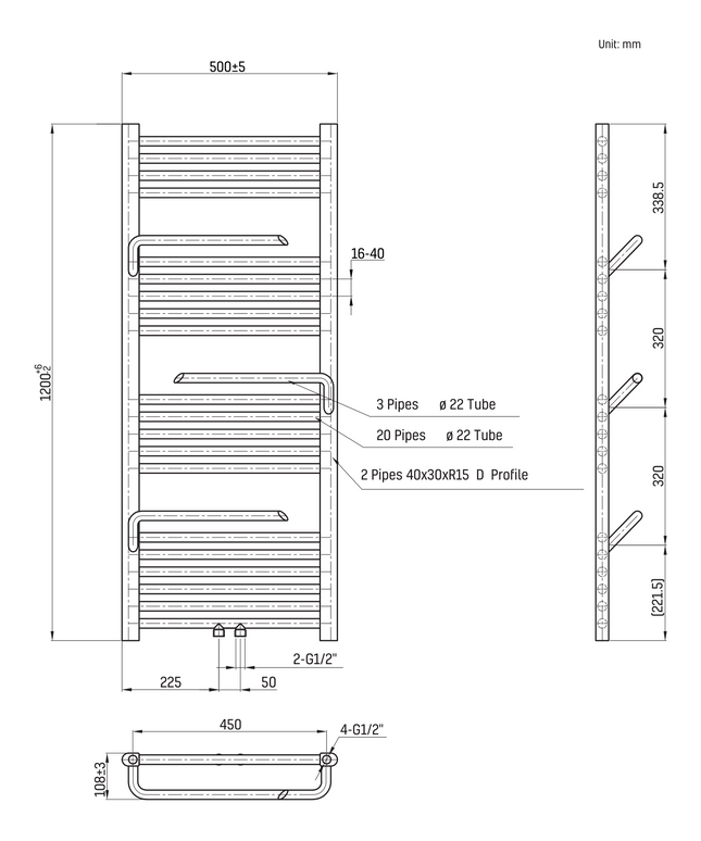 Maattekening BELRAD Handdoekradiator met handdoekhouder - 1200x500mm - Glanzend wit