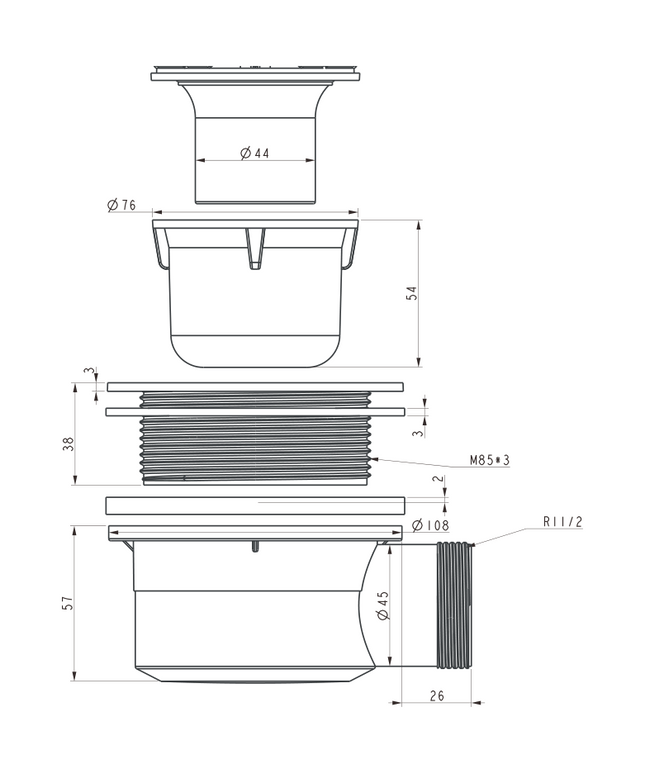 Maattekening ALONI douchesifon voor Madison/Elite – 90 mm – Ø40 mm