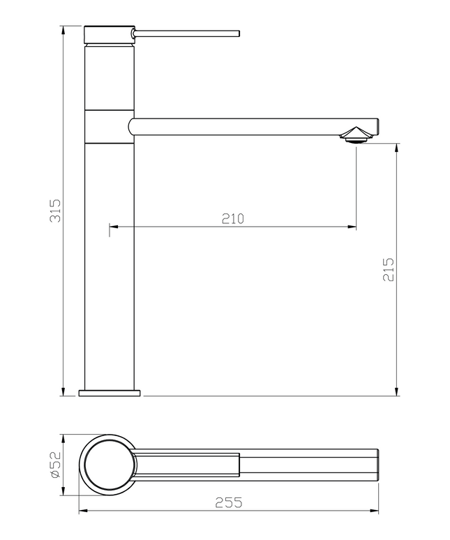 Maattekening ALONI Edge wastafelmengkraan hoog met draaibare uitloop – Chroom