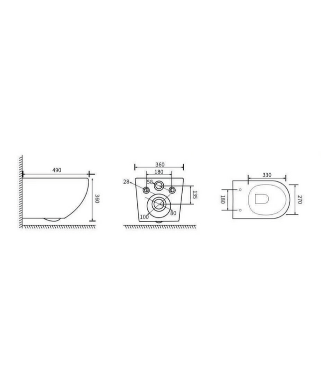 Maattekening ALONI ECO hangtoilet – randloos – compact 49 cm – duroplast zitting – softclose – quick release – glanzend wit