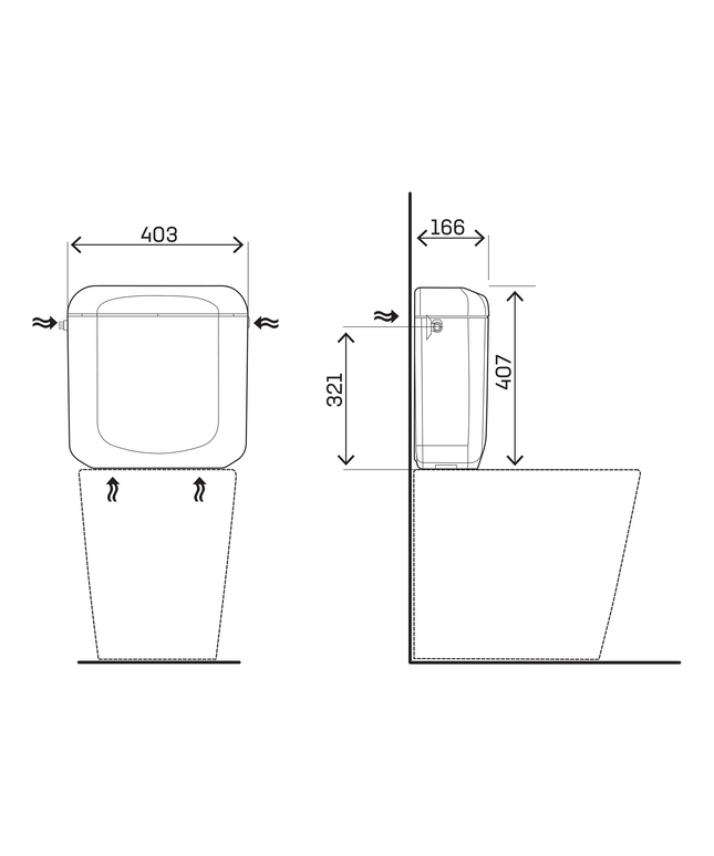 Maattekening Aloni Saforo toiletreservoir – dubbele spoeling 3/6 L – waterbesparend – kunststof – glanzend wit