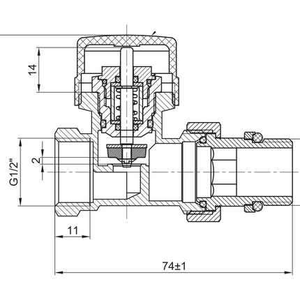 Maattekening BELRAD radiatorkraan recht 1/2" MV - Nikkel