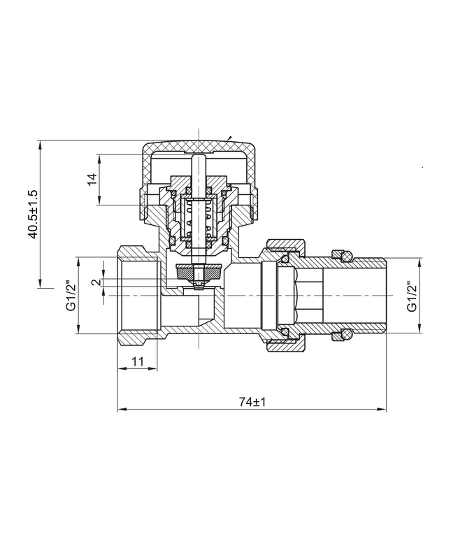 Maattekening BELRAD radiatorkraan recht 1/2" MV - Nikkel