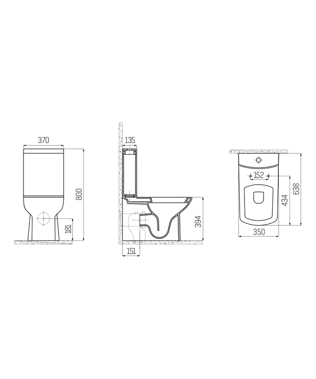 Maattekening Creavit Lara staand toilet / vloertoilet – muur/onder-uitgang – wit