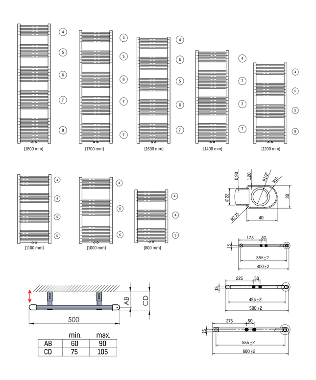 Plan coté BELRAD Radiateur salle de bain 1400x400mm - Blanc - Raccordement central - 556W