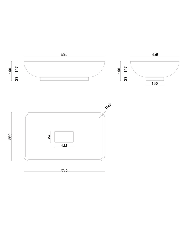 Maattekening ALONI Solid Surface Waskom – Lidya – Mat Wit
