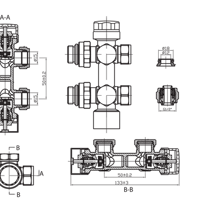Maattekening BELRAD Thermostatische Radiatorkraan – Muur- en Vloeraansluiting – 1/2MX16/2 M30 – Geborsteld Koper