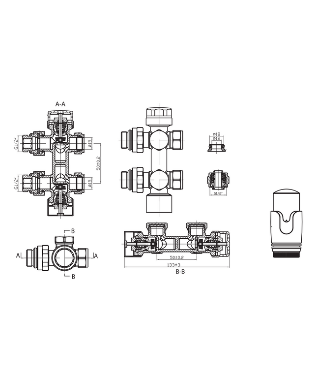 Maattekening BELRAD Thermostatische Radiatorkraan – Muur- en Vloeraansluiting – 1/2MX16/2 M30 – Geborsteld Koper