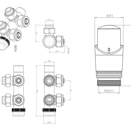 Maattekening BELRAD Thermostatische Radiatorkraan – Middenaansluiting – Muur – Wit – M30 x 16/2