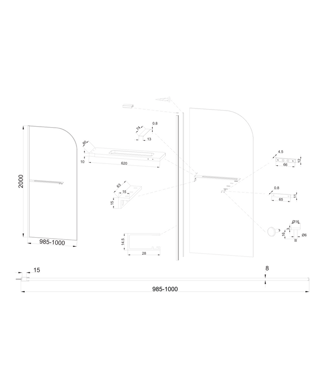 Maattekening CURVY Inloopdouche gebogen met handdoekhouder - 100x200cm - Mat zwart / Grijs rookglas