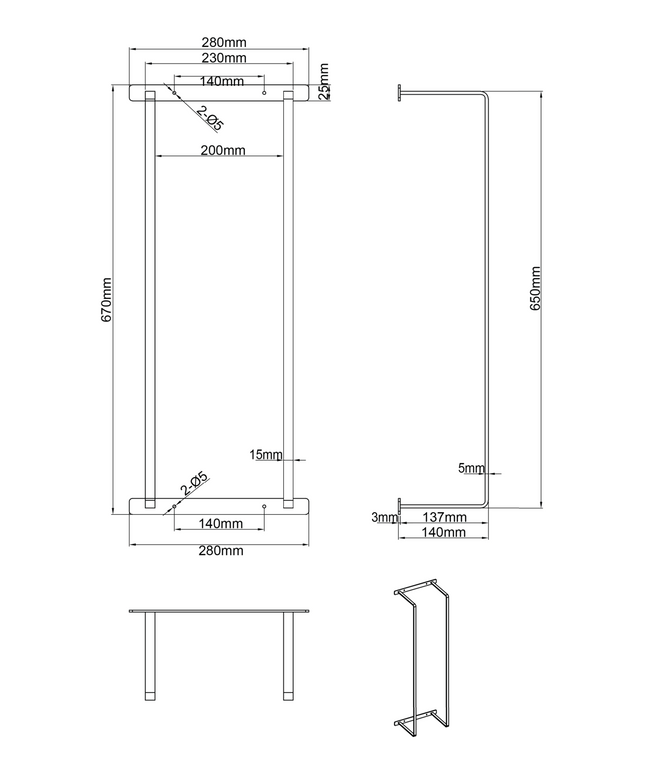 Maattekening Aloni handdoekrek – verticaal – 67x28x14 cm – geborsteld koper – roestvrij staal