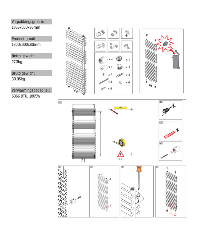 Maattekening BELRAD Badkamer Radiator Double 1791x600mm Wit – Middenaansluiting – 1402W