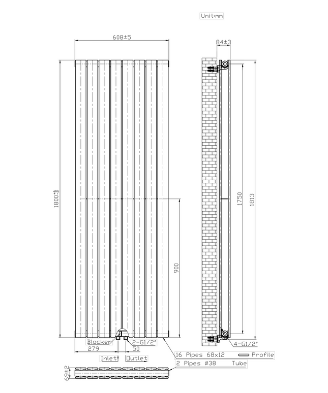 Maattekening BELRAD Verticale designradiator dubbelzijdig 1800x608mm - Wit - Middenaansluiting - 2164W