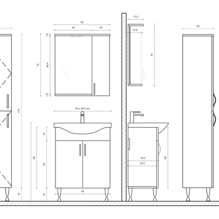 Maattekening ALONI ALECO wastafelonderkast – 65 cm – Wit – Met verlichting