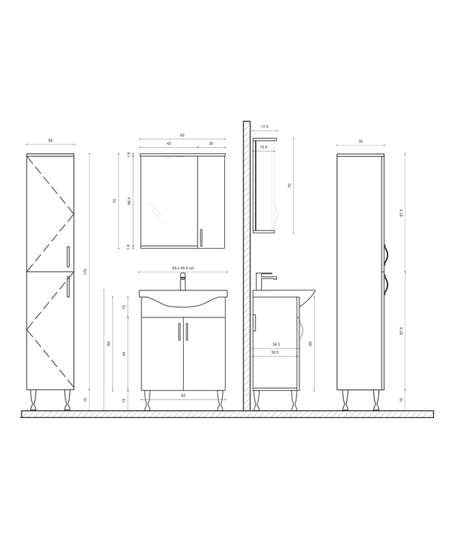 Maattekening ALONI ALECO wastafelonderkast – 65 cm – Wit – Met verlichting
