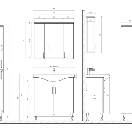 Maattekening ALONI Aleco Wastafel – 80 cm – Wit